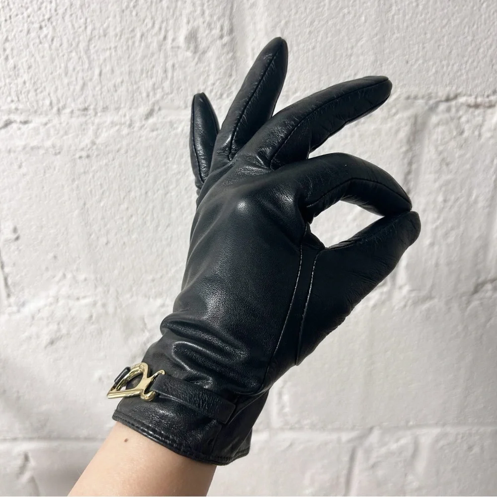 Lauren Ralph Lauren Bridle-Belt Black Leather Gloves with Gold Accents EUC Sz M